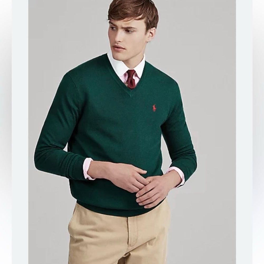 NWT Polo Ralph Lauren Slim Fit V-Neck Merino Wool Sweater in Hunter Green XXL